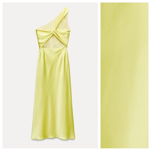 NWT. Zara Yellow Satin Effect Asymmetric Midi Dress. Size M. - Picture 5 of 13